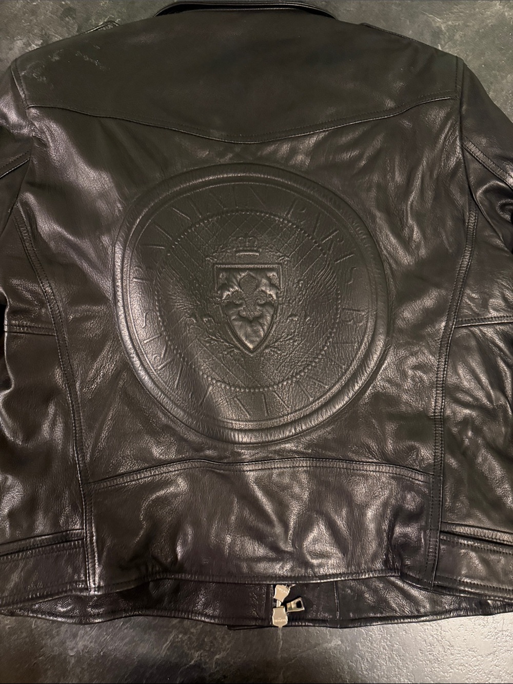 Balmain Black Embossed Leather Bomber Jacket